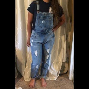 Forever 21 distressed denim overalls